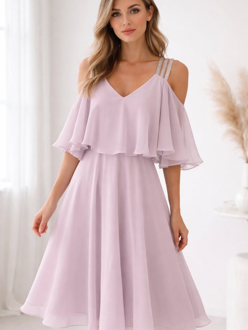 Koton Cold-Shoulder Lavender Chiffon Dress with Embellished Straps Size 38 EU